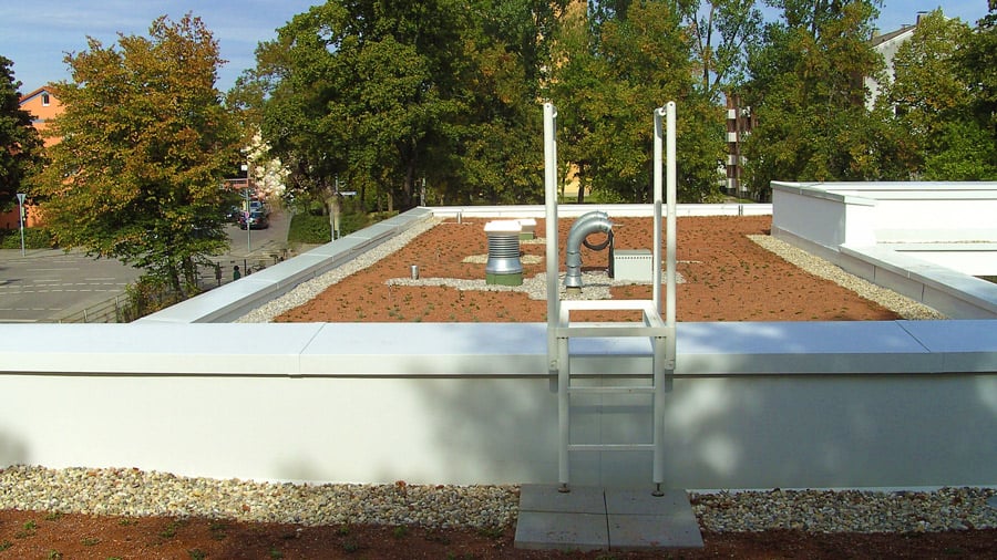 Dachdeckerei München Flachdach mit Dachbegrünung umrandet von Mauer mit Mauerabdeckung Attika weiß