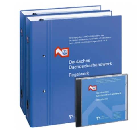 Blauer Ordner mit CD über Deutsches Dachdeckerhandwerk Regelwerk von der Dachdeckerinnung München Oberbayern.